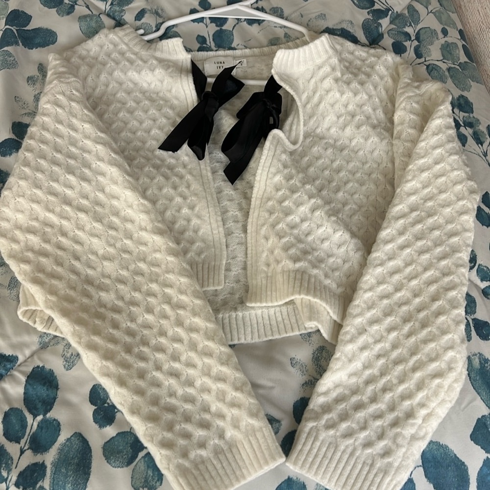 White Cardigan with Black Bows